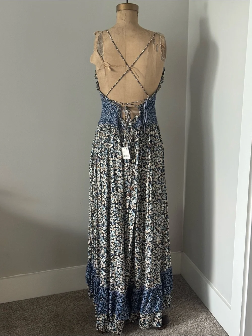 NWT Free People One I Love Floral Smocked Maxi Dress Denim, size Medium